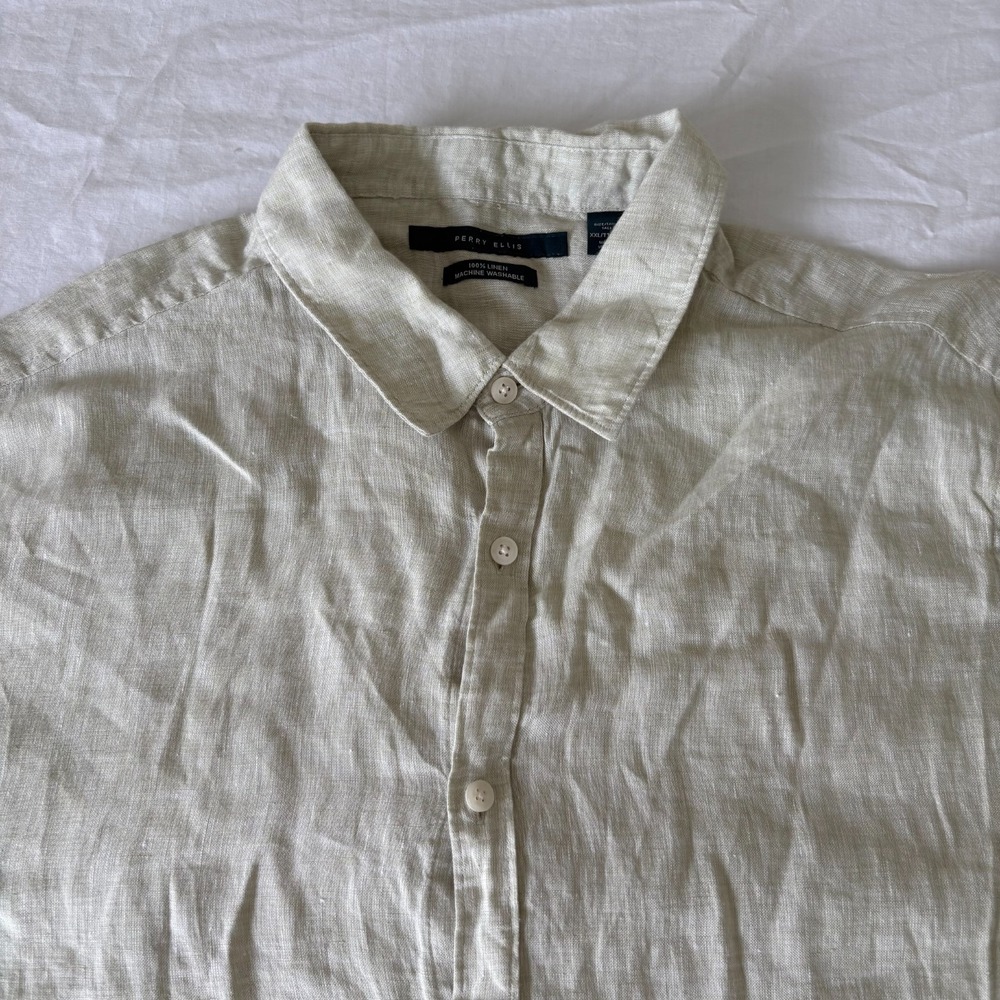 Perry Ellis Mens Green Classic Outdoor Short Sleeve Linen Button-Up Shirt Sz 2XL